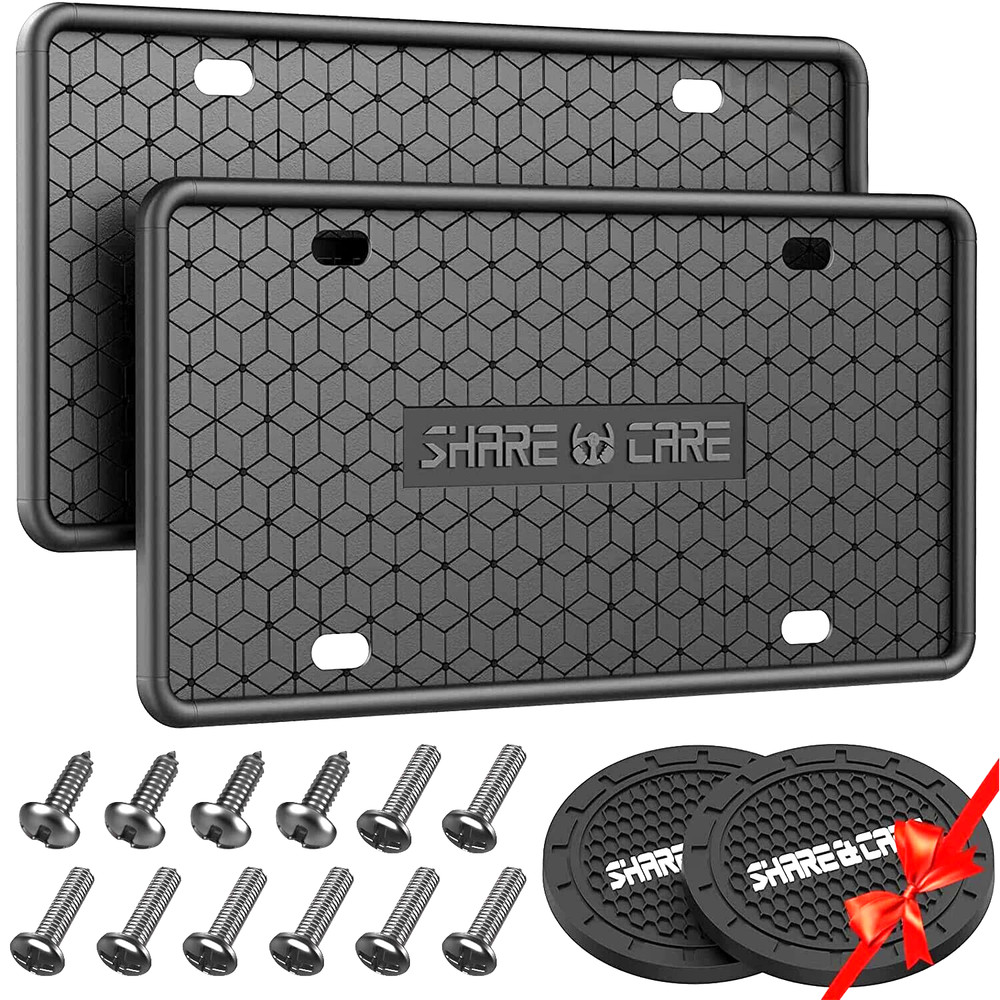 2 Pack Silicone License Plate Frame - Rust Proof & Weather Proof - Black