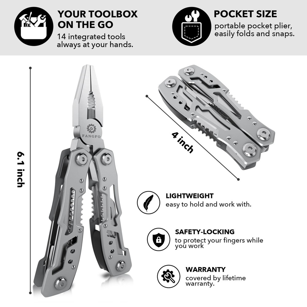 14-In-1 Multitool Pliers，Premium Portable Multi Tool ，with Safety