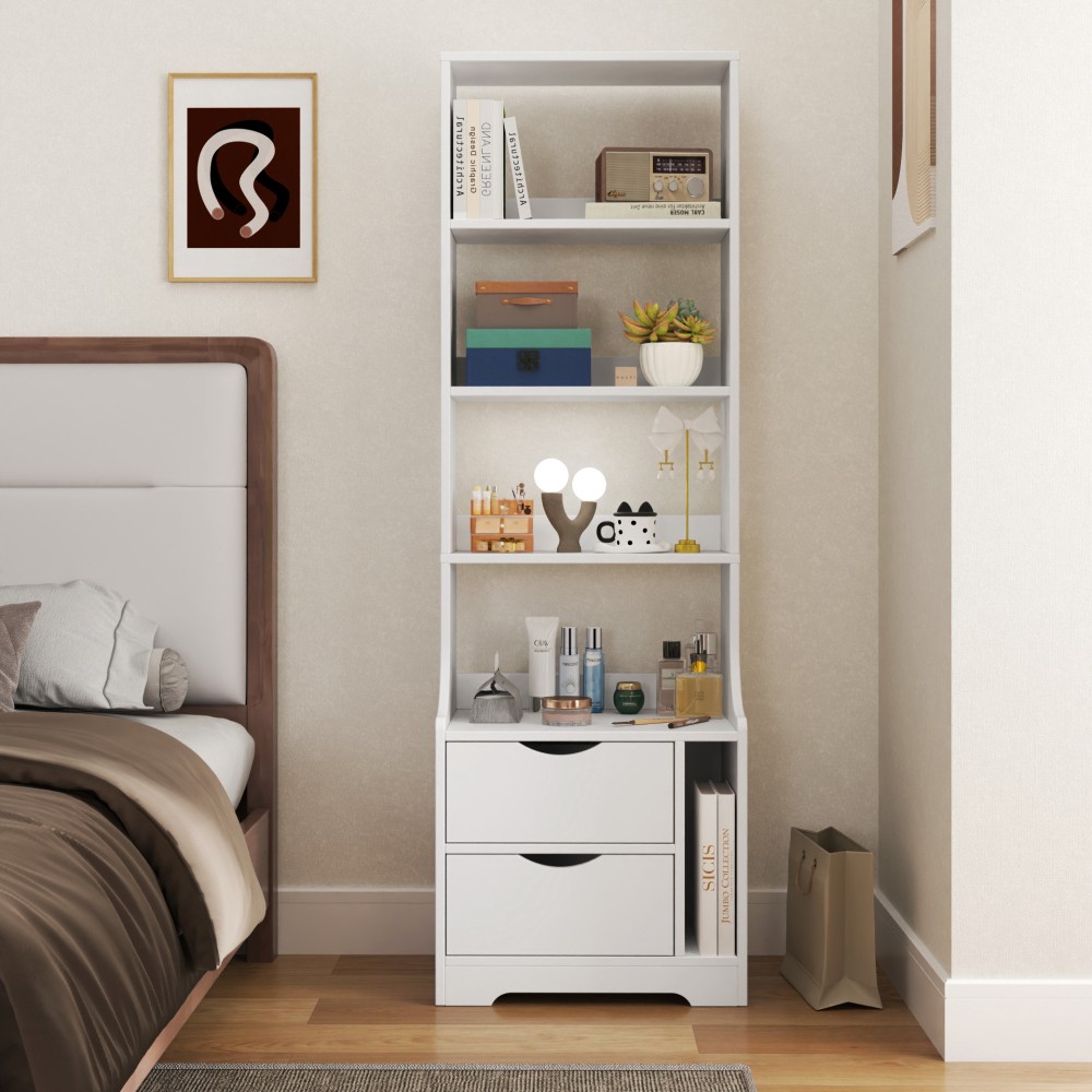 Bedside table with bookshelf and two storage drawers
