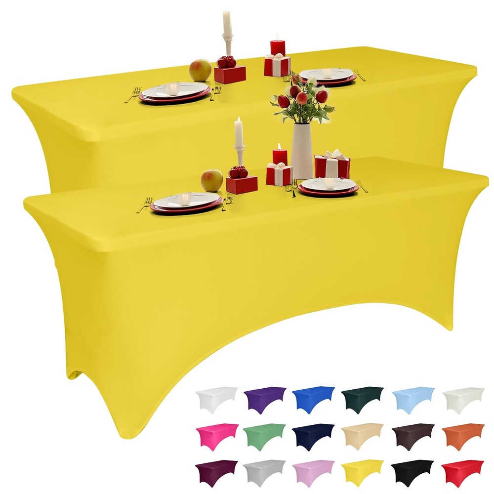 2 Pack 6 Feet Yellow Spandex Tablecloth for Rectangular Tables Fitted & Stret...