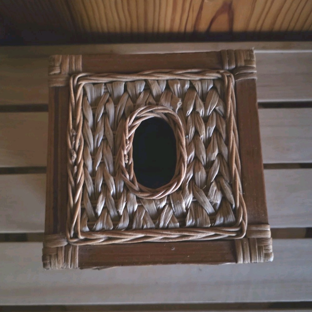Rustic Tissue Box Cover Woven Grass & Twisted Wood Cabin Boho