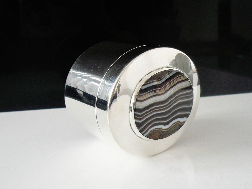Sterling Silver Box , Large Agate Set Lid, Thomas Ducrow, Birmingham 1903