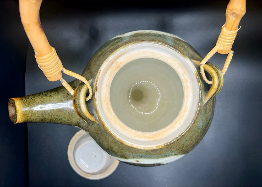 Vintage Studio Pottery Teapot Signed SK Bamboo Handle Hand Thrown Stoneware