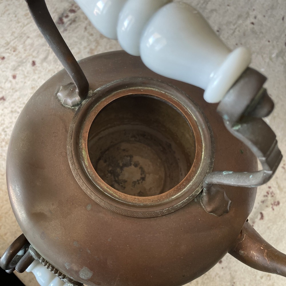 ANTIQUE COPPER BRASS TEA POT KETTLE ON STAND