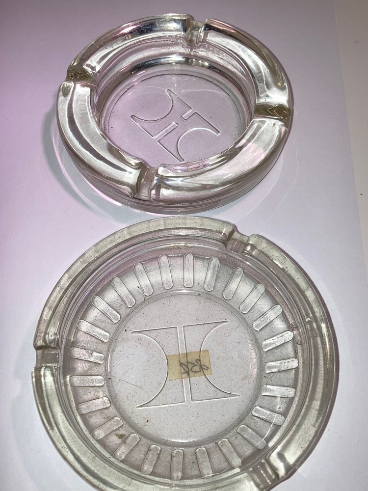 Pair Retro Hilton Hotel Glass Ashtrays