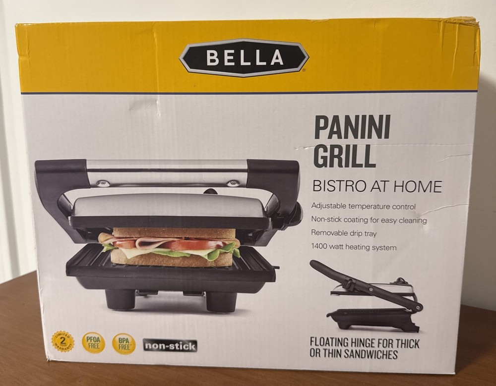 Bella Panini Grill – Adjustable Temperature - Non-Stick Plates - Floating Hinge