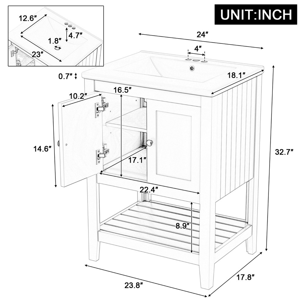 24" Modern Bathroom Vanity - Solid Wood Frame, Semilune Ceramic Sink, Open Shelf