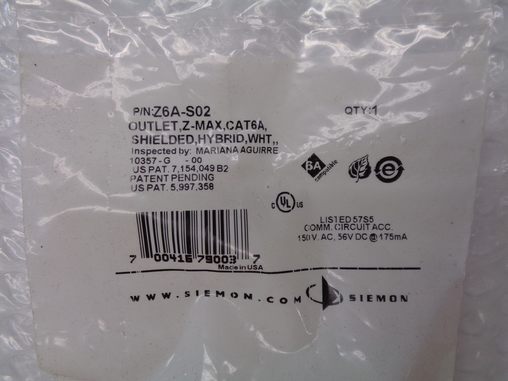 SIEMON Z6A-S02 CAT6A HYBRID JACK WHITE NSMP