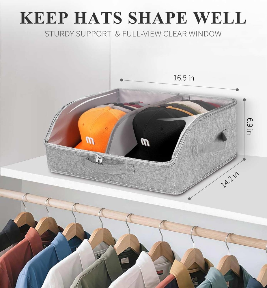 Hat Organizer for Baseball Caps, 2 Compartments Clear Window Hat Storage Box ...