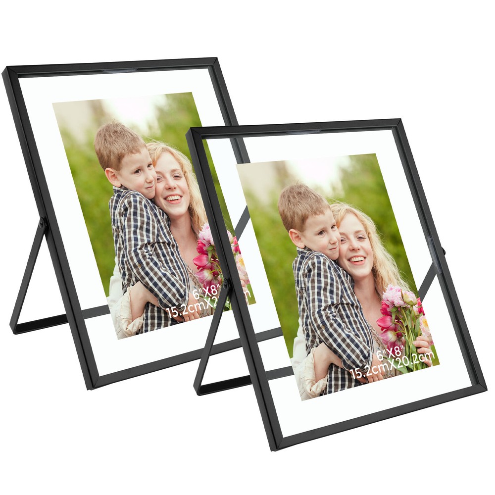 2 Pack Tabletop Floating Frames for Photos Metal Frame with Real Glass Vertical
