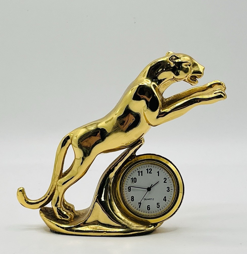 Vintage Solid Brass Leaping Jaguar Desk Clock