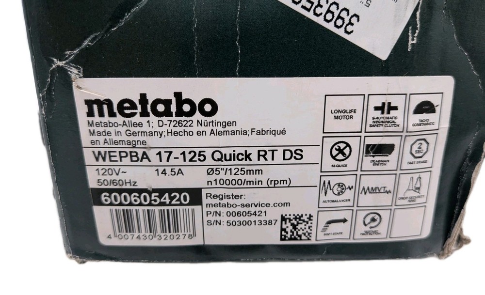 Metabo 600605420 5 in. Angle Grinder Tether Ready Tetherable