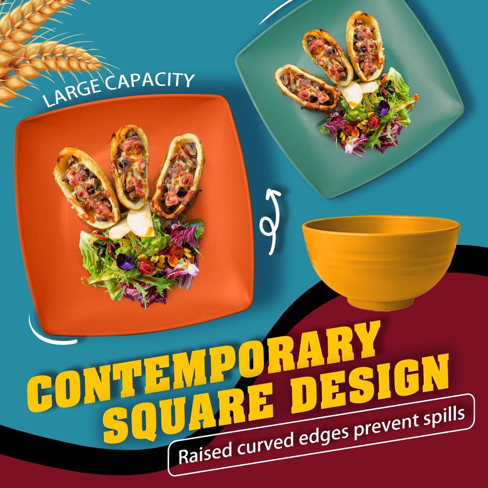 88 Piece Kitchen Plastic Wheat Straw Square Dinnerware Sets for 8