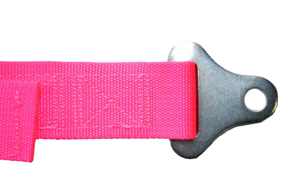 PINK 4 POINT SEAT BELT 2" HARNESS, PULL DOWN LAP BELTS FLOOR MOUNT PUSH BUTTON