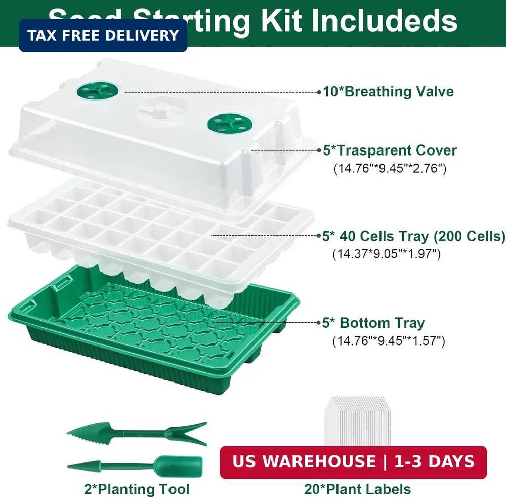 5 Pack Seed Starter Tray Seed Starter Kit (200 Cells Total Tray) with Adjustable
