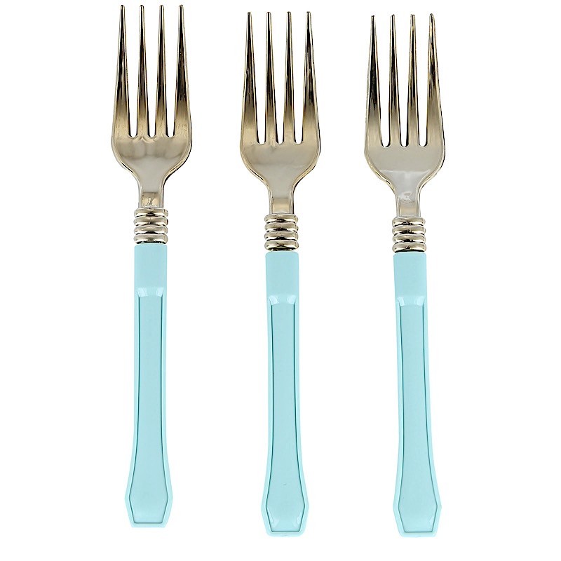Metallic Gold Forks with Blue Handle Wedding Dinner Party Disposable Tableware
