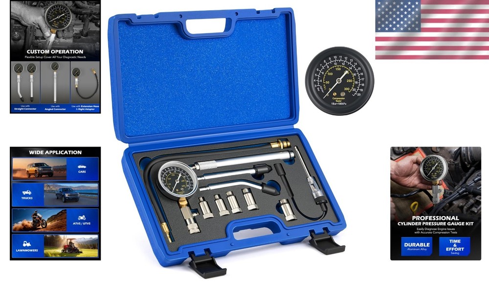 11-Piece Engine Compression Tester Kit with Spark Plug Gauge - Professional Use