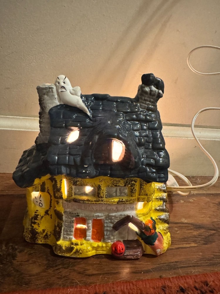 Earthenware Ceramic Lighted Haunted House Halloween Decor