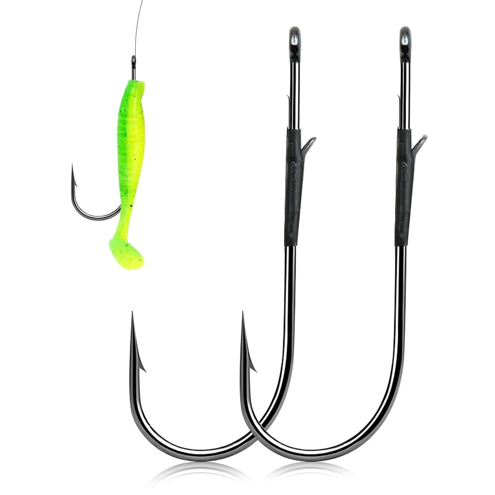 Baitholder Worm Hooks, 30 Pack 3X Long Shank Bait Holder Fish Hook Double Bar...