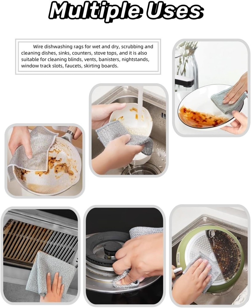 6 Pack Multifunctional Non-Scratch Wire Dish Cloth Mesh Knit Cleaning Cloth US