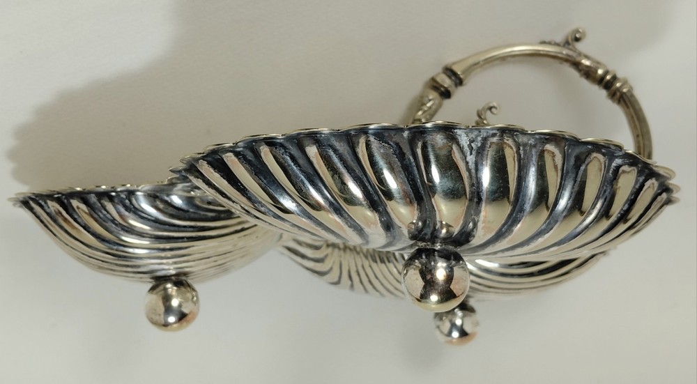 Antique Silverplate 3 Compartment Scallop Shell Seashell Handled Serving Dish