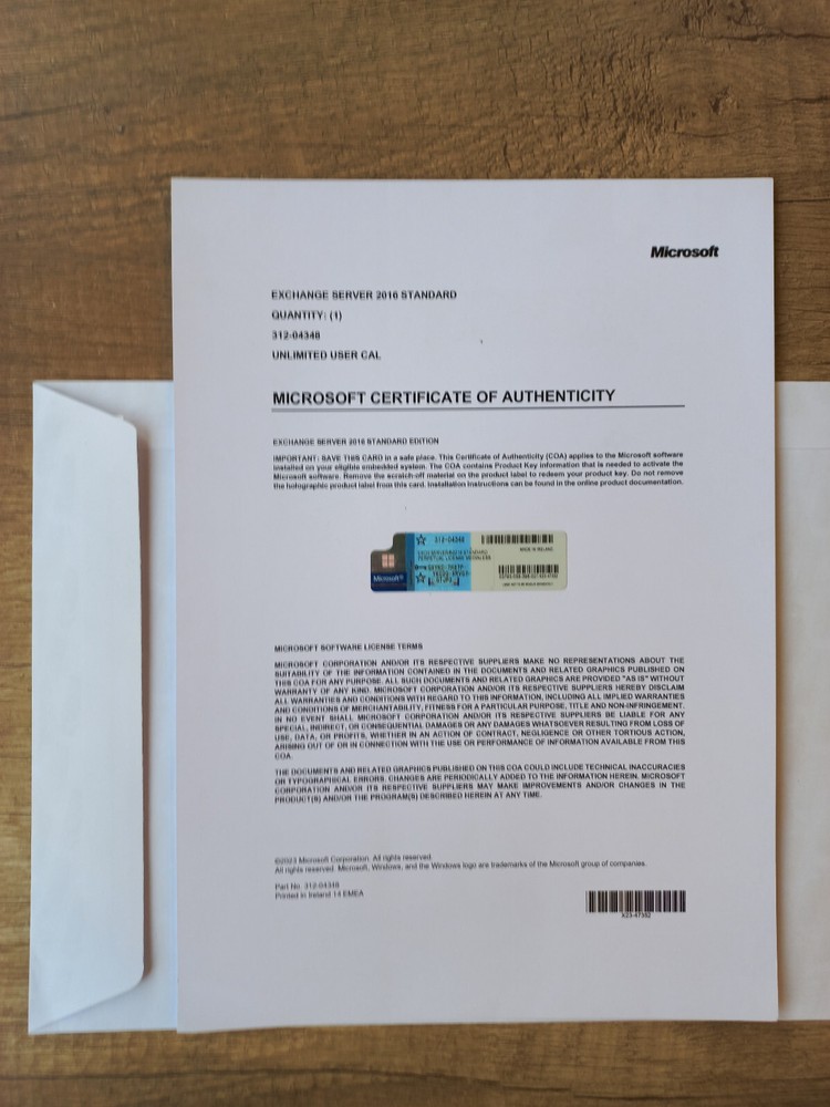 Microsoft Exchange Server 2016 STANDARD Retail Unlimited CAL CoA Authentic