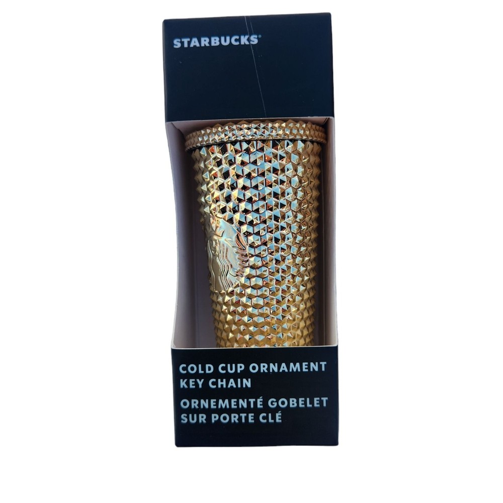 Starbucks Cold Cup Ornament Key Chain Gold Diamond Pattern
