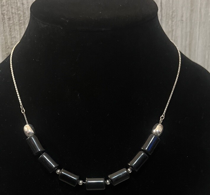 Vintage Black Beads & Silver Tone Necklace