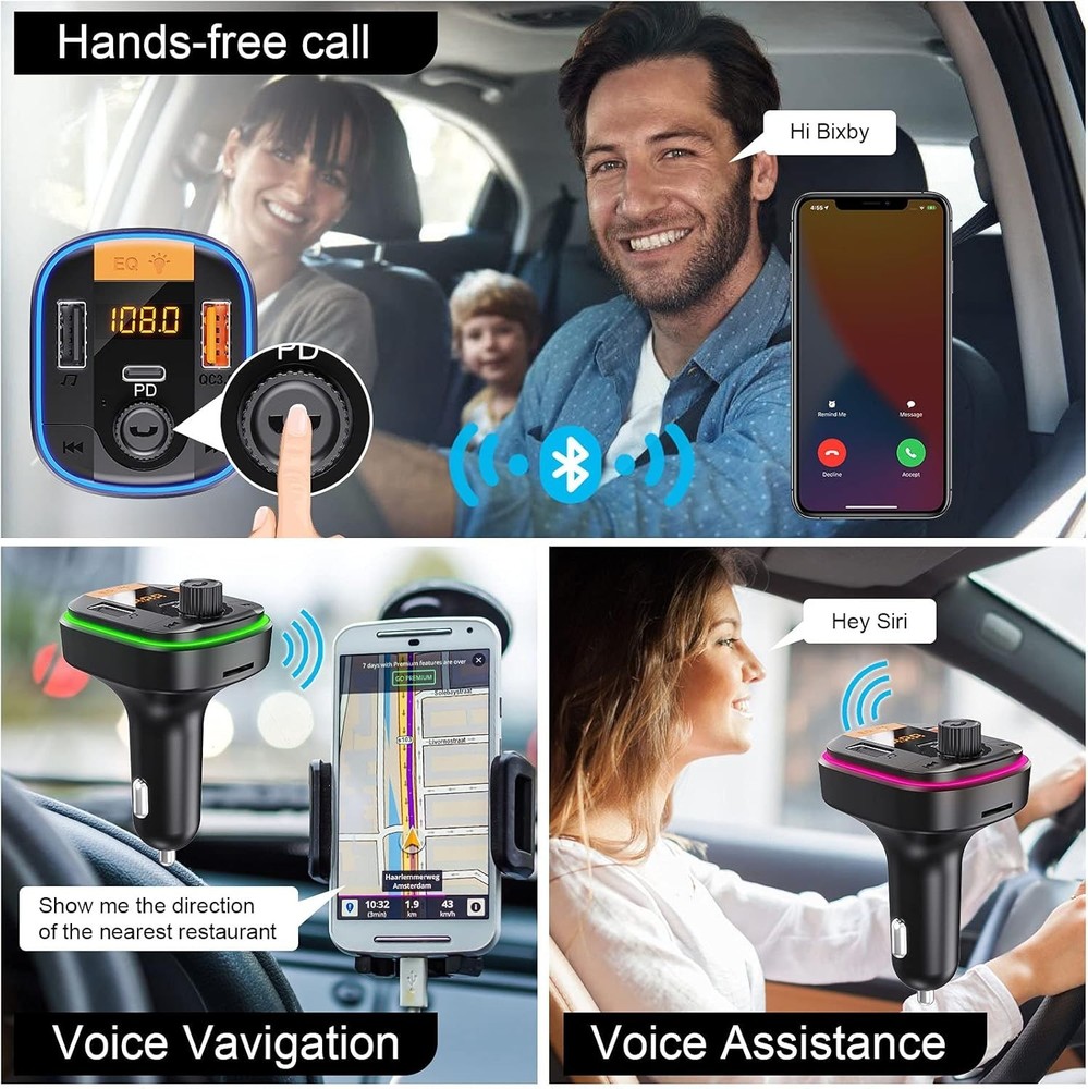 Car Bluetooth FM Transmitter with LED Backlight - Fast Charging & Music Play