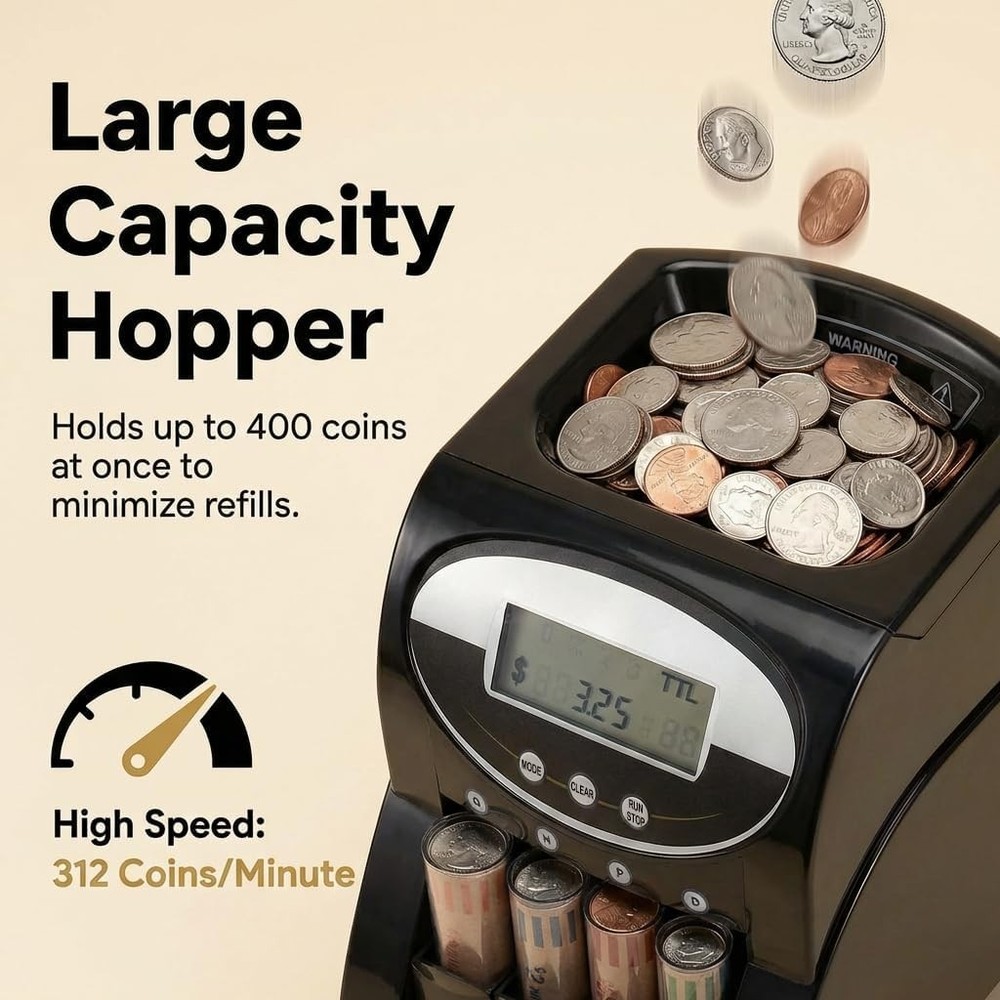 Coin Counter Sorter Wrapper Machine: Patented Anti-Jam Technology Large 400-C...