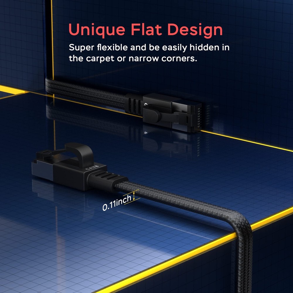 Smolink Ethernet Cable 50 ft, Cat 8 Flat Cat8 50ft, Dark Black