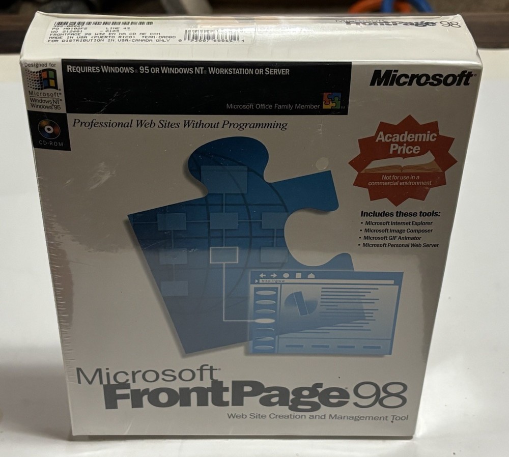 Microsoft FrontPage 98 Academic Edition Sealed Big Box Vintage PC Software