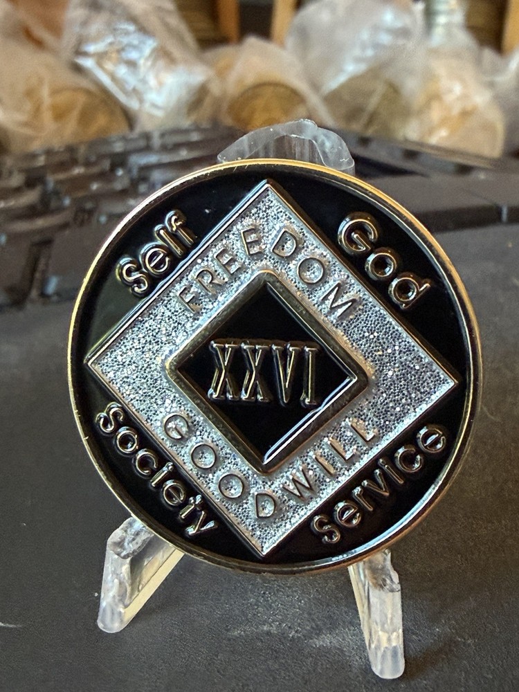 26 Year NA Clean Time Chip Black Silver Glitter Narcotics Anonymous Medallion