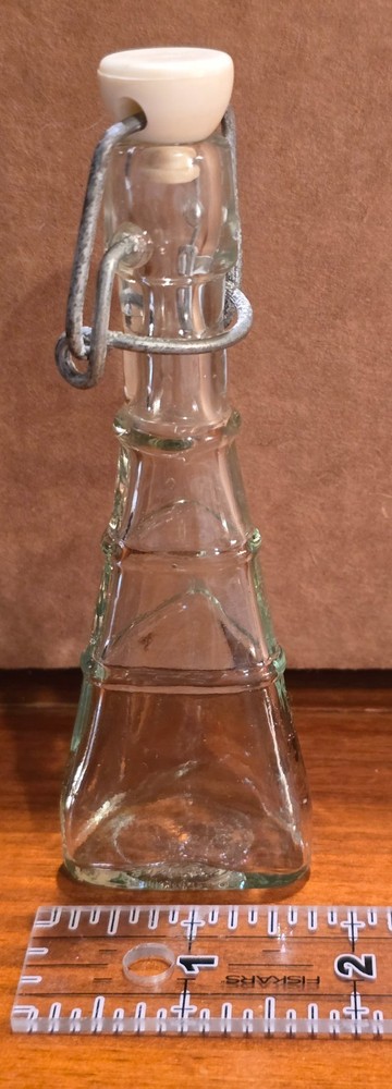 Vintage unusual glass, triangular bottle w/bail & stopper closure
