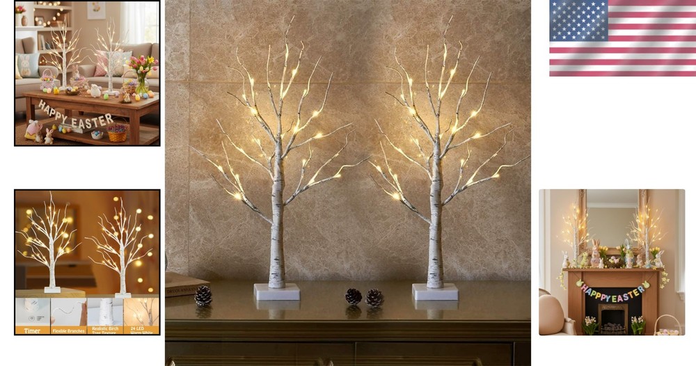 Lighted Birch Tree Easter Decorations 2FT White Mini Trees with 24 LED Lights