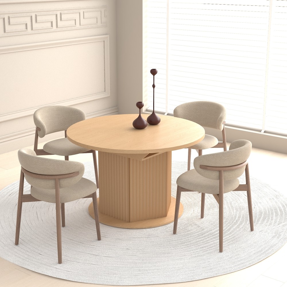 Round Extendable Dining Table for 6 MDF Wooden Kitchen Table with Hexagonal