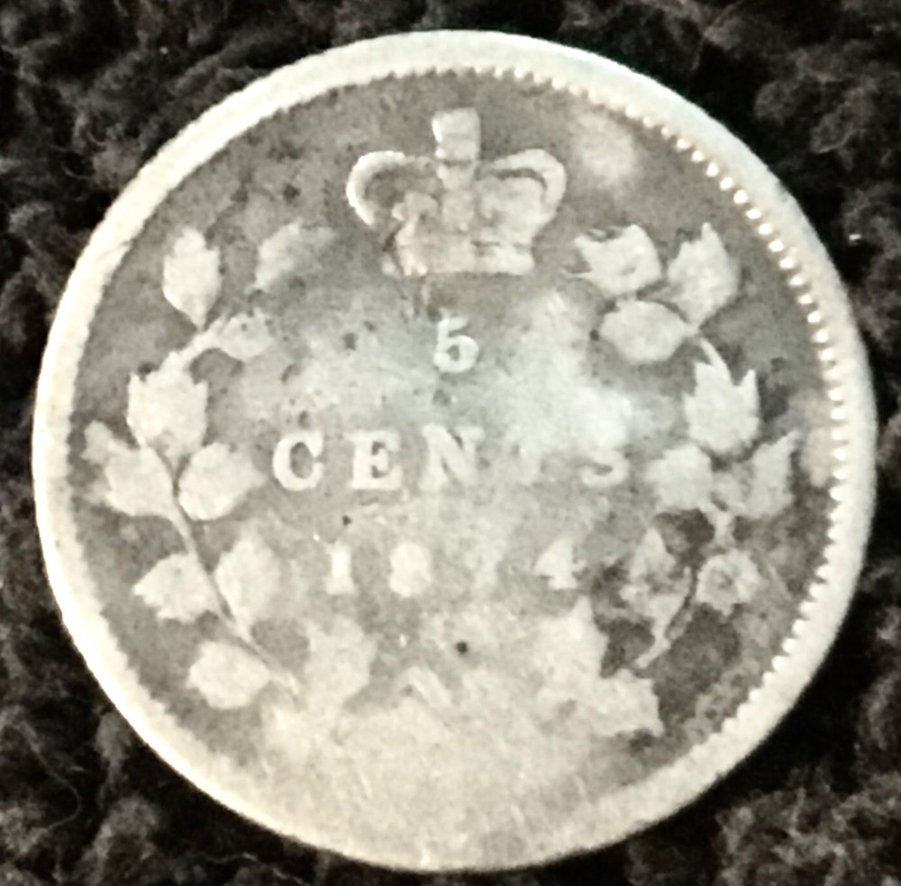 1874H Plain or Small 4, 5 Cent Silver Canada  Coin KM 2