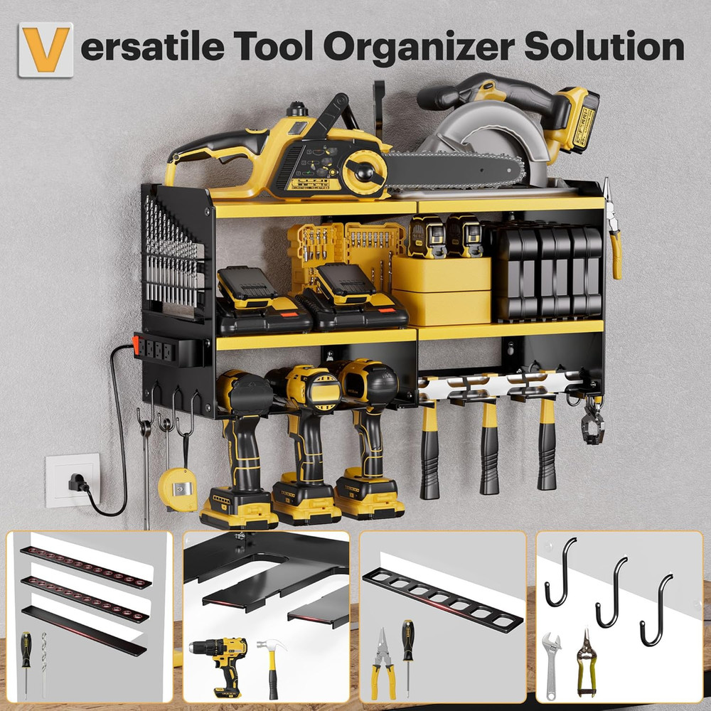 Large Power Tool Organizer Wall Mount with Charging Station, 3 Layer Heavy Duty