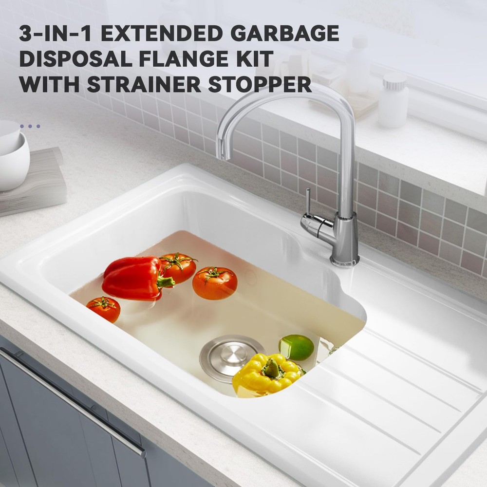 Extended Garbage Disposal Flange with Strainer and Stopper, Deep 304 Stainles...