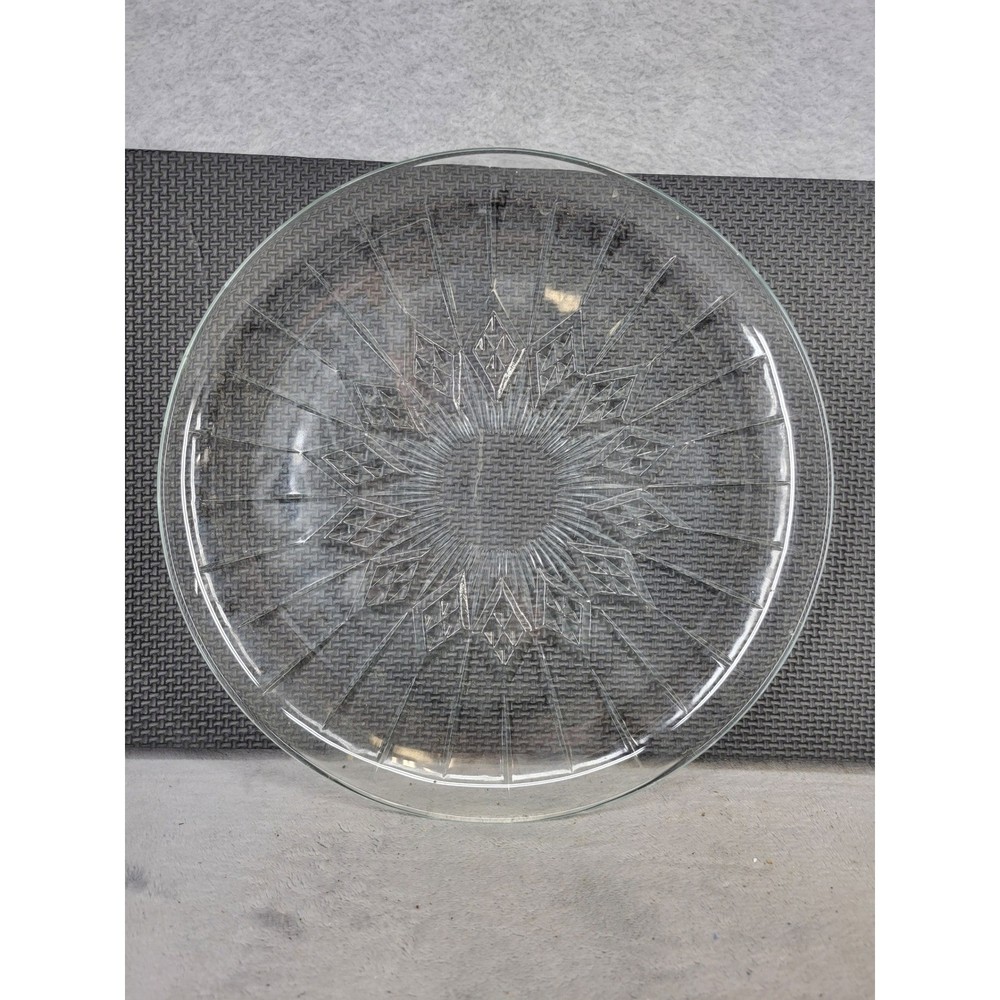 Vintage Clear Glass Round Serving Platter Starburst Diamond Pattern 12"