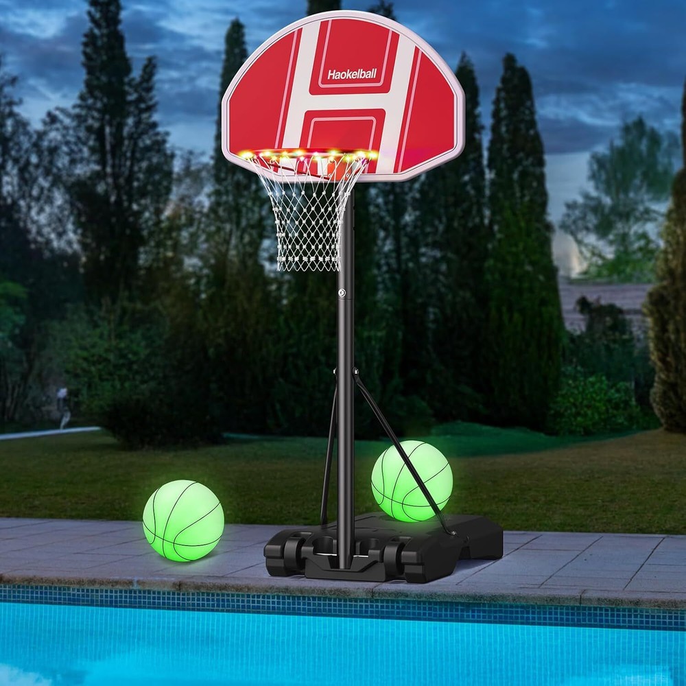 Pool Side Basketball Hoop Adjustable Height LED String Light Swimming Pool Game