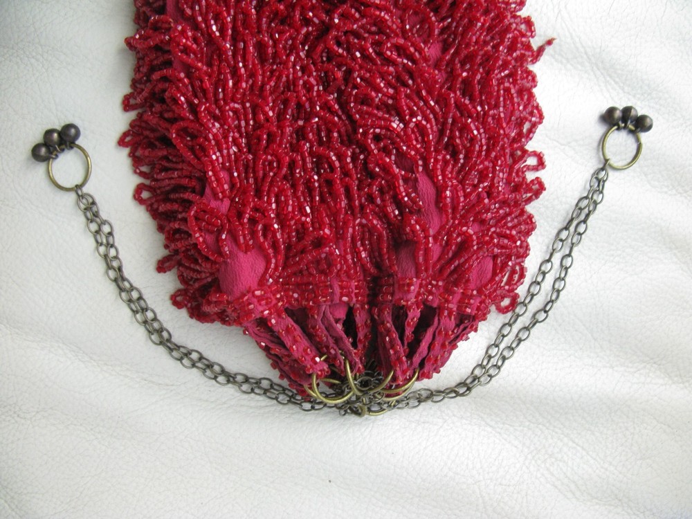 Antique Fringed Candy Apple Red Bead Drawstring Flapper Purse