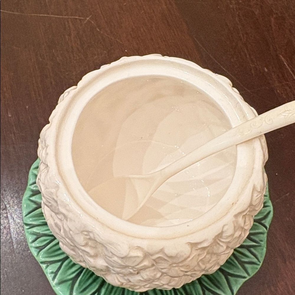 White Pineapple Ceramic Sugar Bowl with Spoon Japan