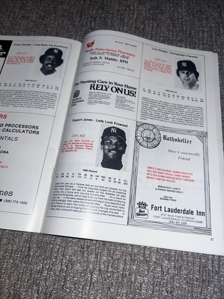 Vintage 1981 New York Yankees Spring Training Program/Scorecard Spring Rosters