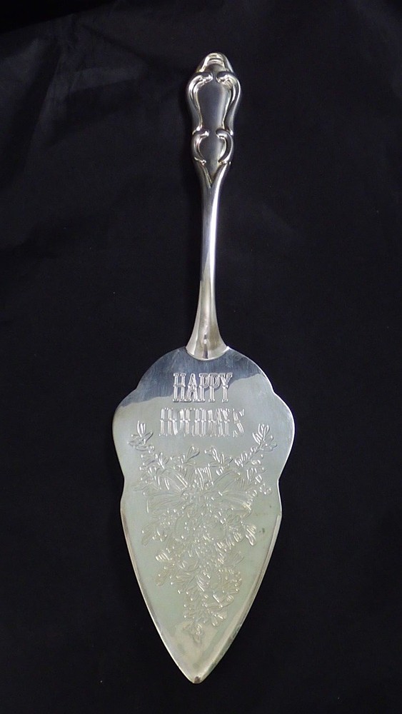 Christmas Silver Plate Cake Pie Server Happy Holidays Embossed Table Vintage