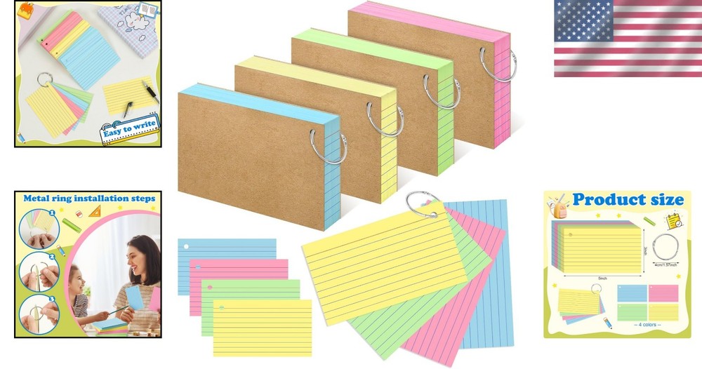 High-Quality 200 Pack Colored Index Cards - 4 Rings for Easy Organization