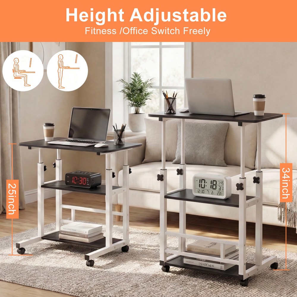 3 Tier Rolling Computer Desk Laptop Table Height Adjustable Study Table 60x40cm