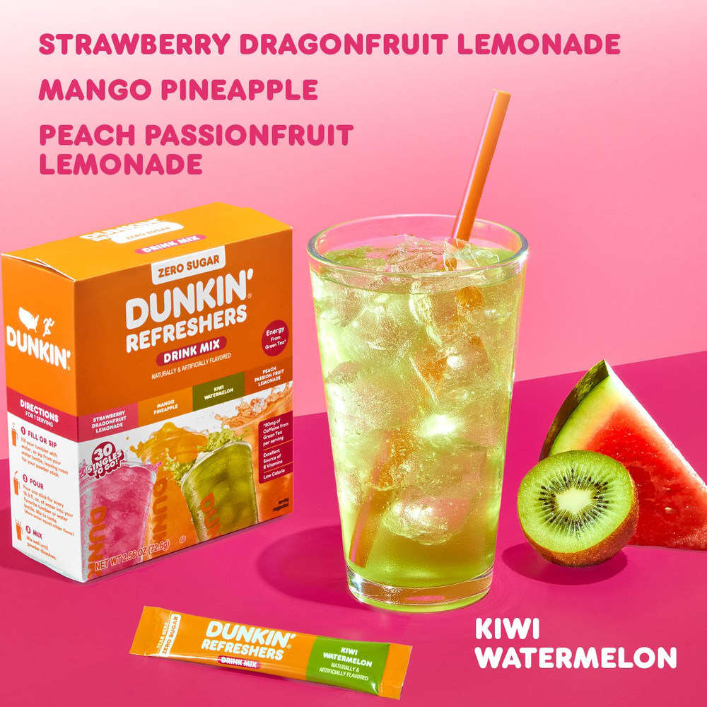 Dunkin’ Zero Sugar Refreshers Powdered Drink Mix Packets, 30 Ct Variety Pack, 3