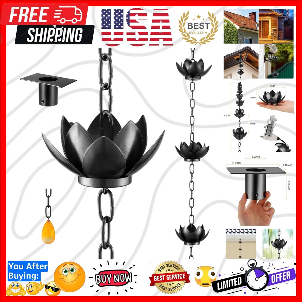 Rain Chain with Adapter, 8.5ft Adjustable Lotus Rain Catcher Chain for Gutter...