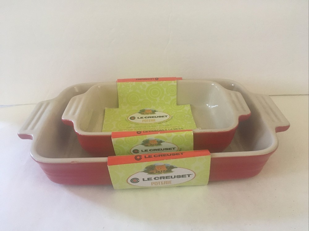 Red Le Creuset Stoneware Bakeware Set~Rectangular Baking Dishes New